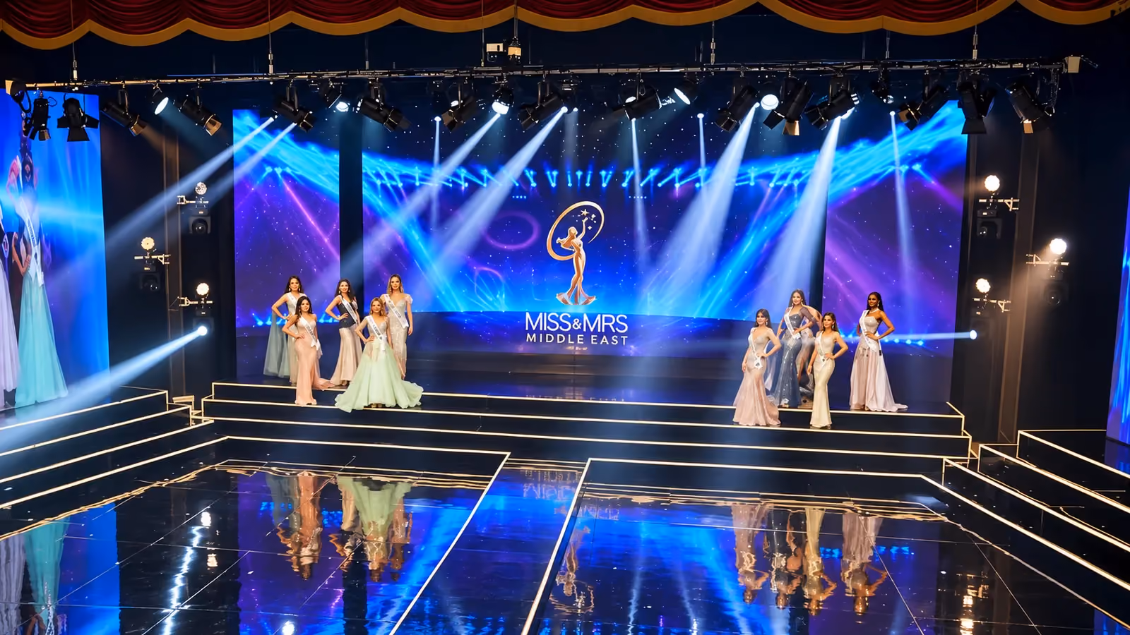 Miss & Mrs. Middle East beauty pageant stage with contestants