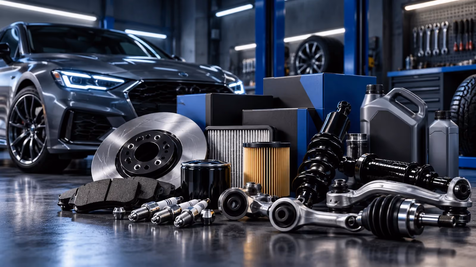 Brake discs, shock absorbers, filters and other auto parts in front of a car in a garage