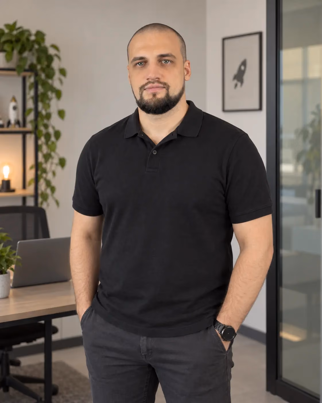 Vadym Averchenkov, founder of Traffic PRO, standing in the office
