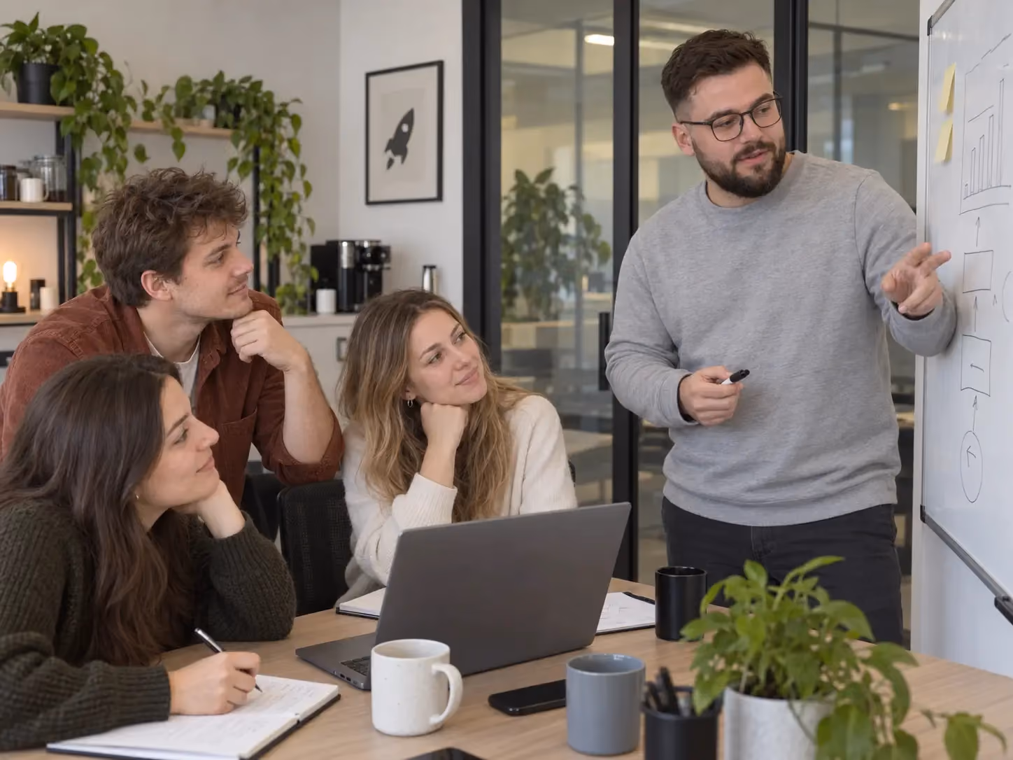Traffic PRO team planning a funnel at the whiteboard